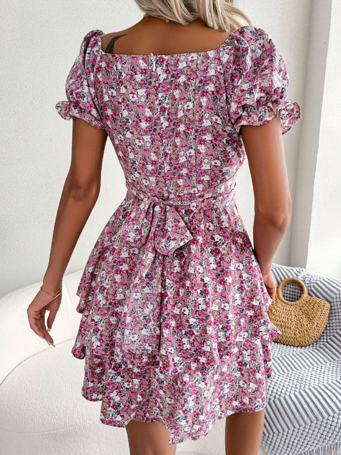 Floral Sweetheart Neck Flounce Sleeve Mini Dress - Love culture store