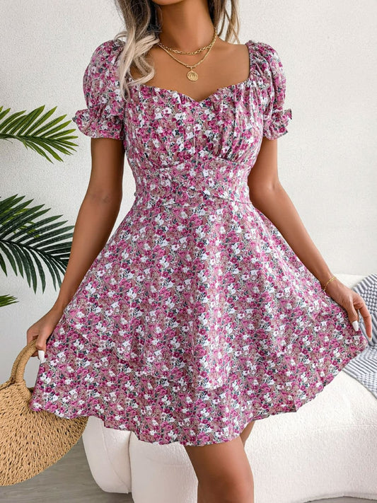 Floral Sweetheart Neck Flounce Sleeve Mini Dress - Love culture store