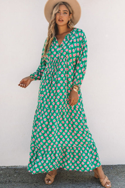 Floral Tie Neck Tiered Long Sleeve Maxi Dress - Love culture store