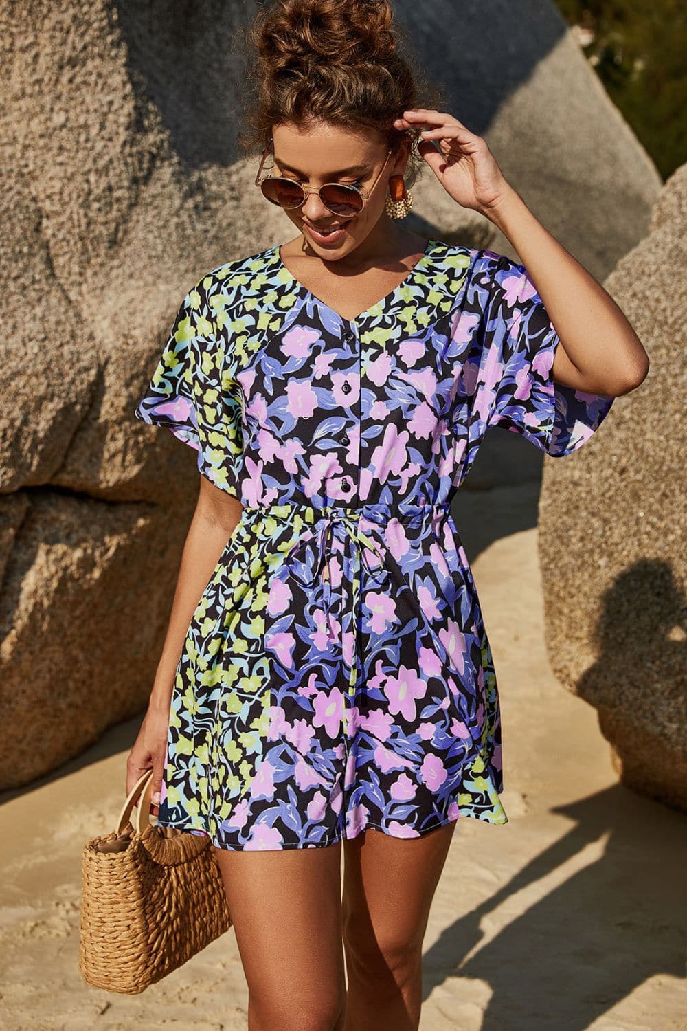 Floral Tie-Waist Button Front Romper - Love culture store