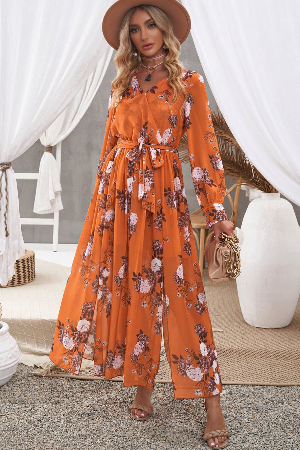 Floral Tie Waist Slit Maxi Dress - Love culture store