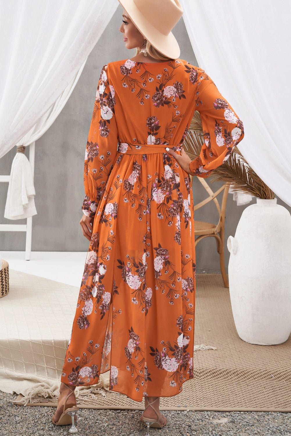 Floral Tie Waist Slit Maxi Dress - Love culture store