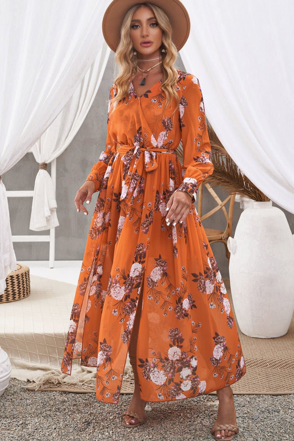 Floral Tie Waist Slit Maxi Dress - Love culture store