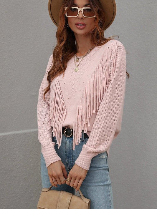 Fringe Detail Ribbed Trim Sweater - Love culture store