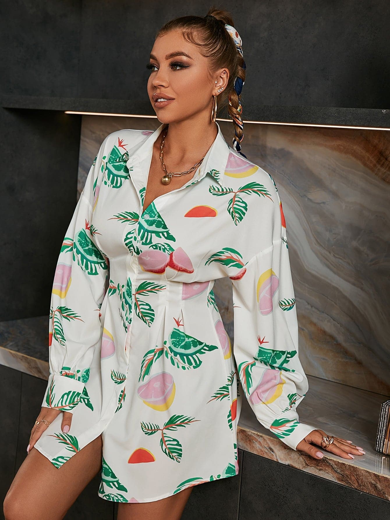 Fruit Print Curved Hem Shirt Dress - Love culture store