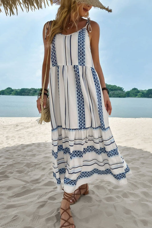 Geometric Print Tie-Shoulder Tiered Maxi Dress - Love culture store