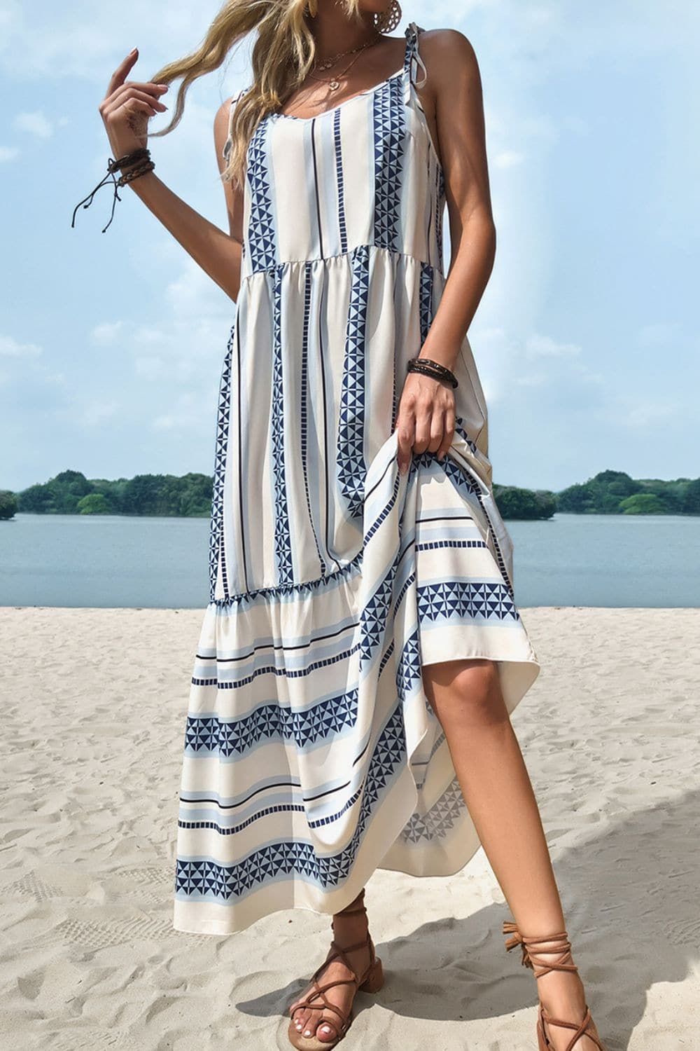 Geometric Print Tie-Shoulder Tiered Maxi Dress - Love culture store