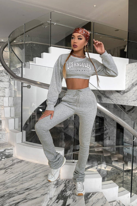 Graphic Dropped Shoulder Cropped Top and Stacked Pants Set - Love culture store