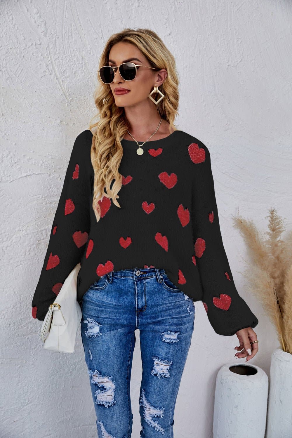 Heart Print Fuzzy Crewneck Long Sleeve Sweater - Love culture store