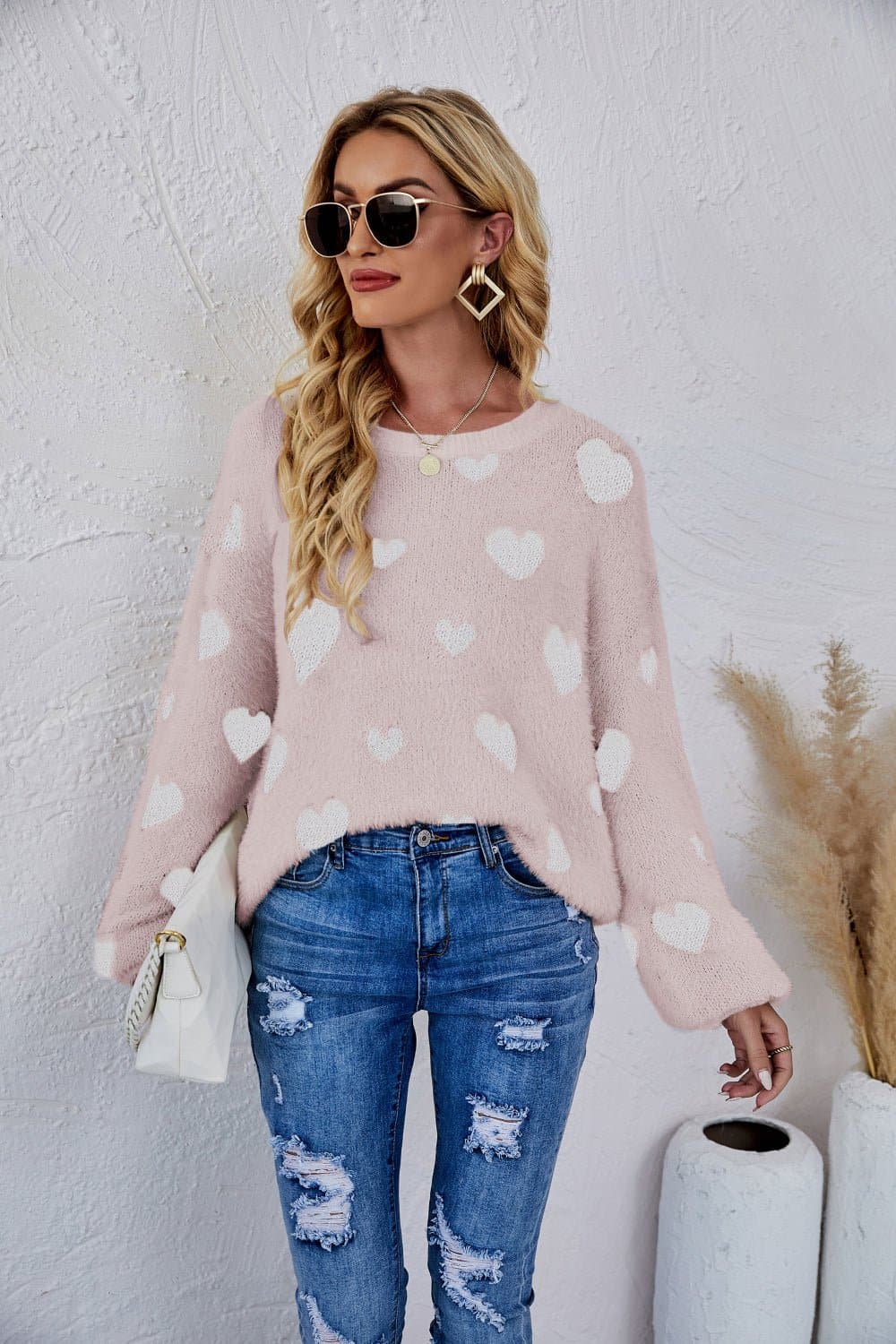 Heart Print Fuzzy Crewneck Long Sleeve Sweater - Love culture store