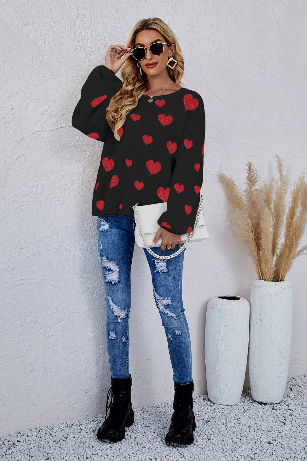 Heart Print Fuzzy Crewneck Long Sleeve Sweater - Love culture store