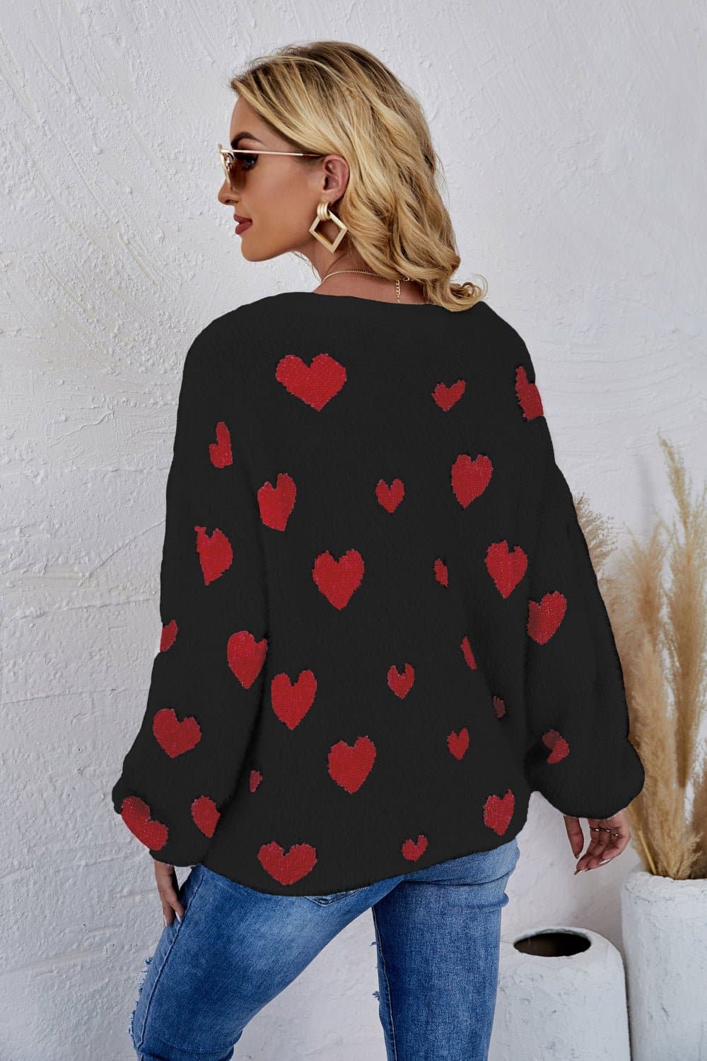 Heart Print Fuzzy Crewneck Long Sleeve Sweater - Love culture store