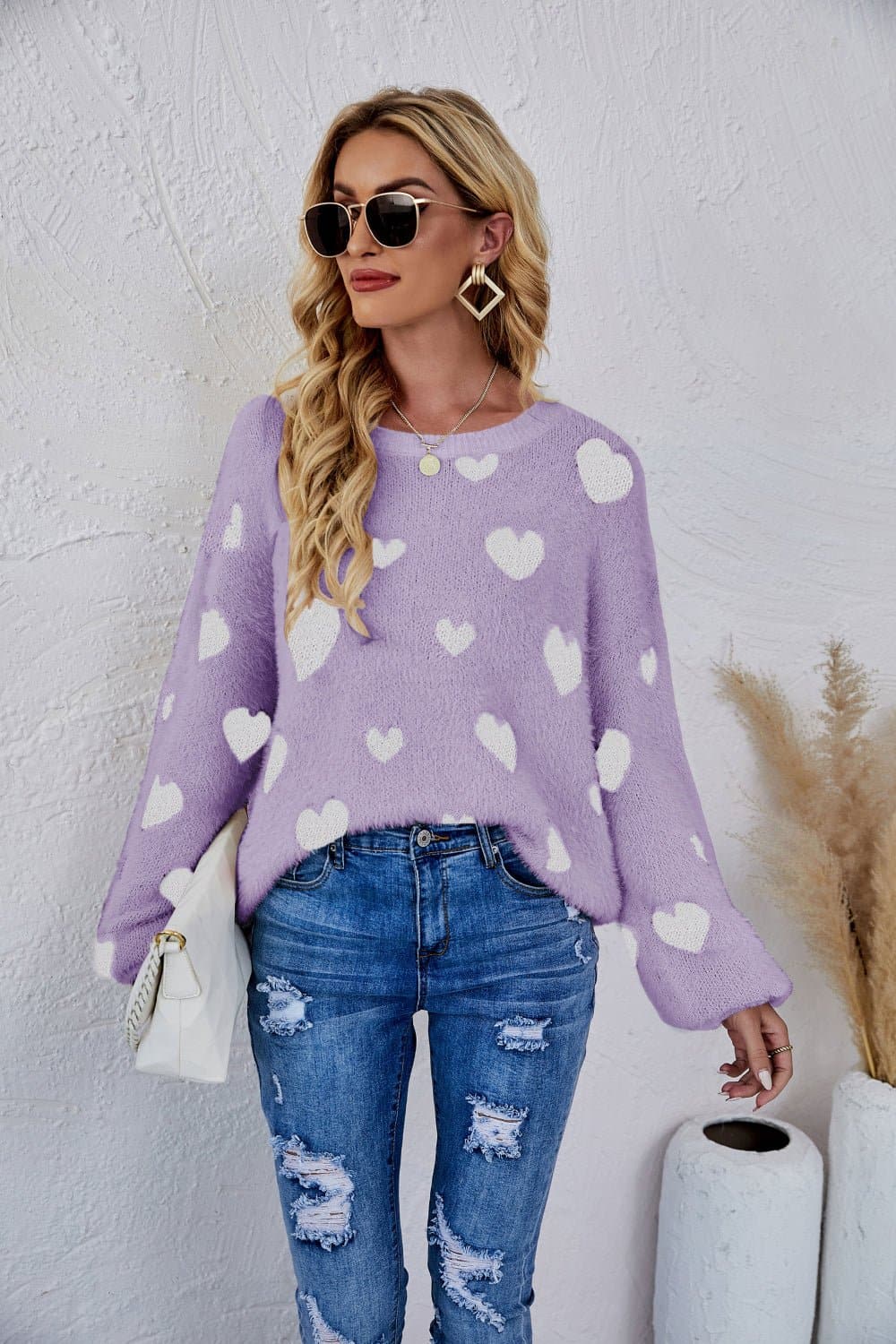 Heart Print Fuzzy Crewneck Long Sleeve Sweater - Love culture store