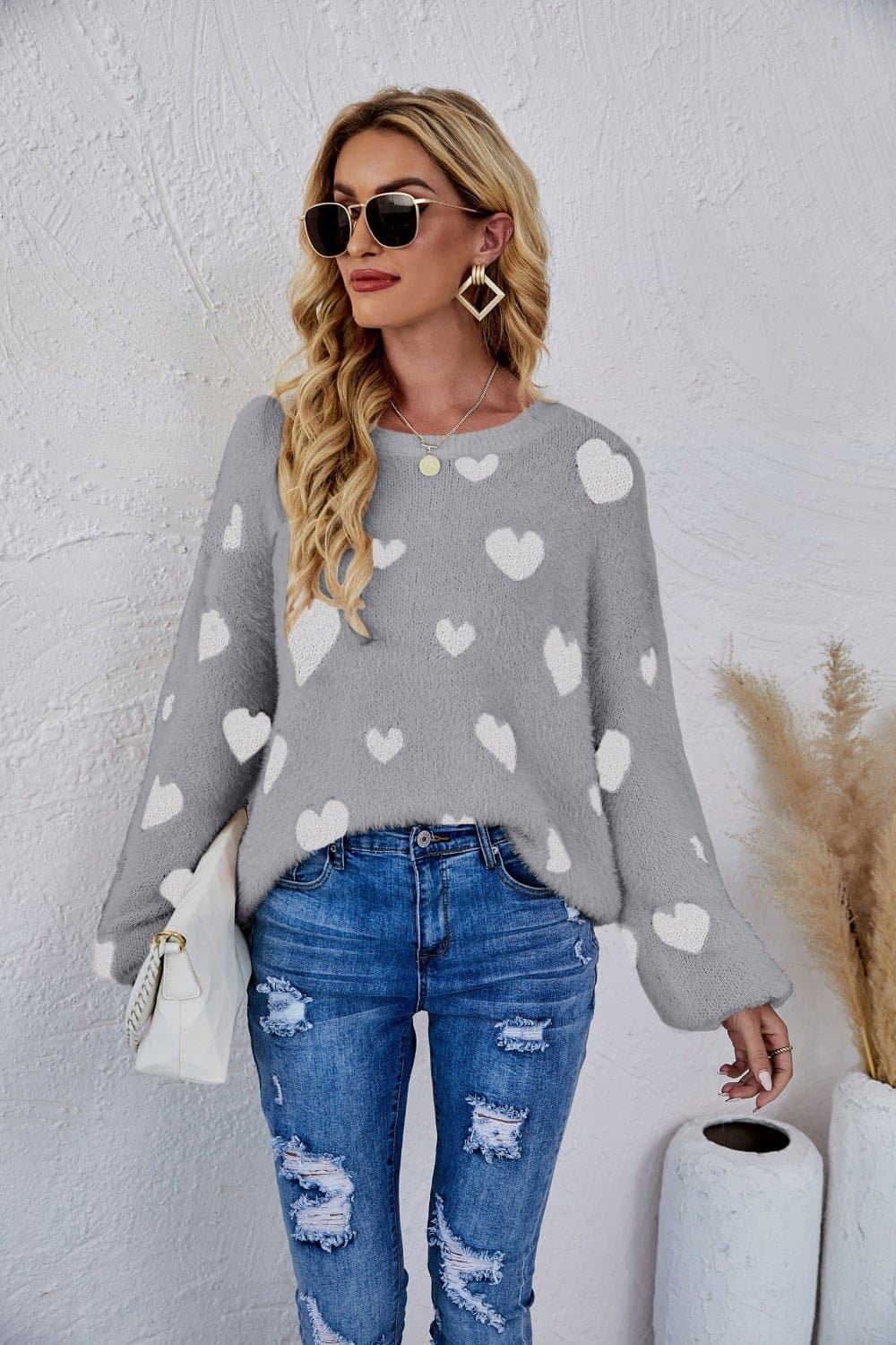 Heart Print Fuzzy Crewneck Long Sleeve Sweater - Love culture store