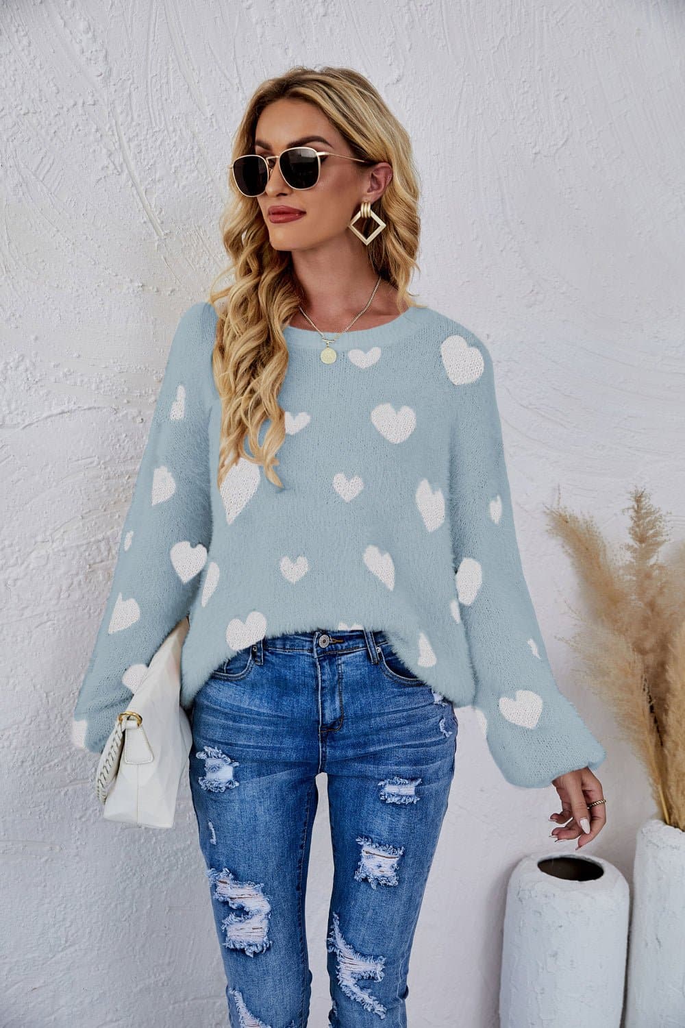 Heart Print Fuzzy Crewneck Long Sleeve Sweater - Love culture store