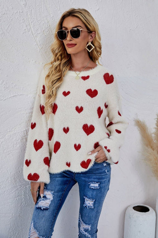 Heart Print Fuzzy Crewneck Long Sleeve Sweater - Love culture store