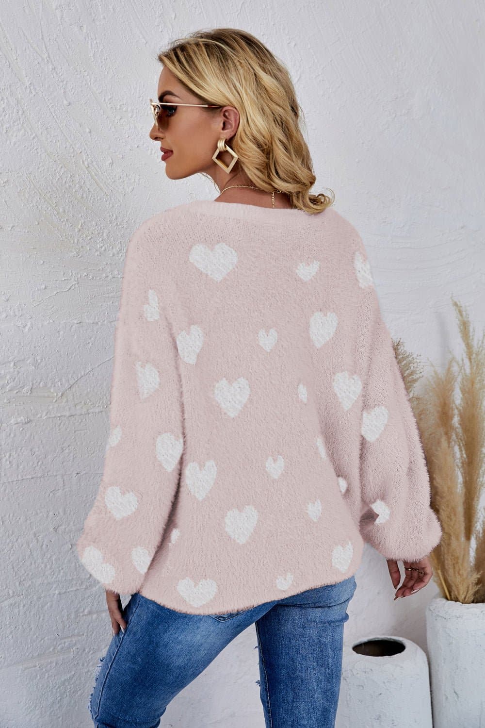 Heart Print Fuzzy Crewneck Long Sleeve Sweater - Love culture store