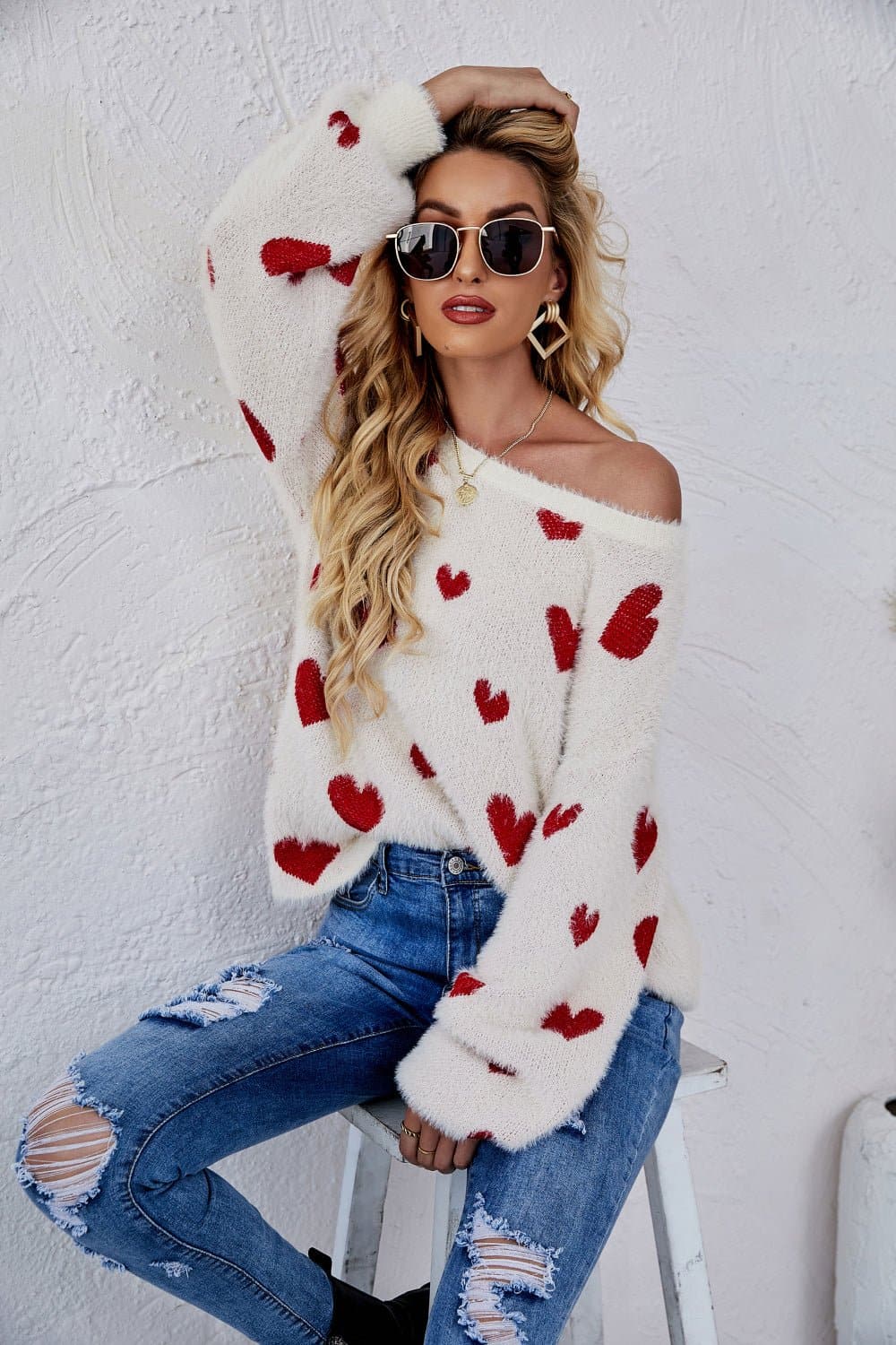 Heart Print Fuzzy Crewneck Long Sleeve Sweater - Love culture store