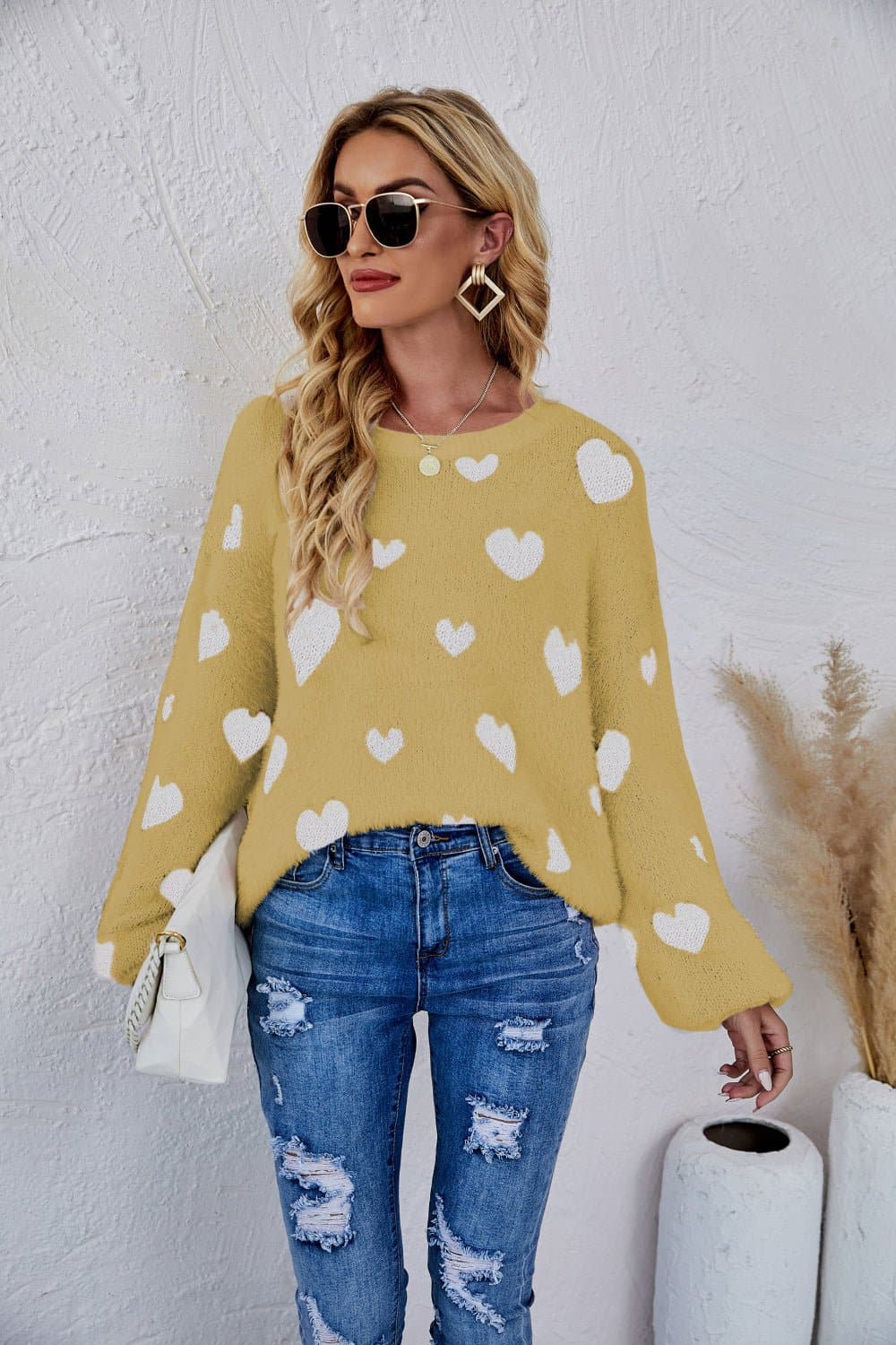 Heart Print Fuzzy Crewneck Long Sleeve Sweater - Love culture store