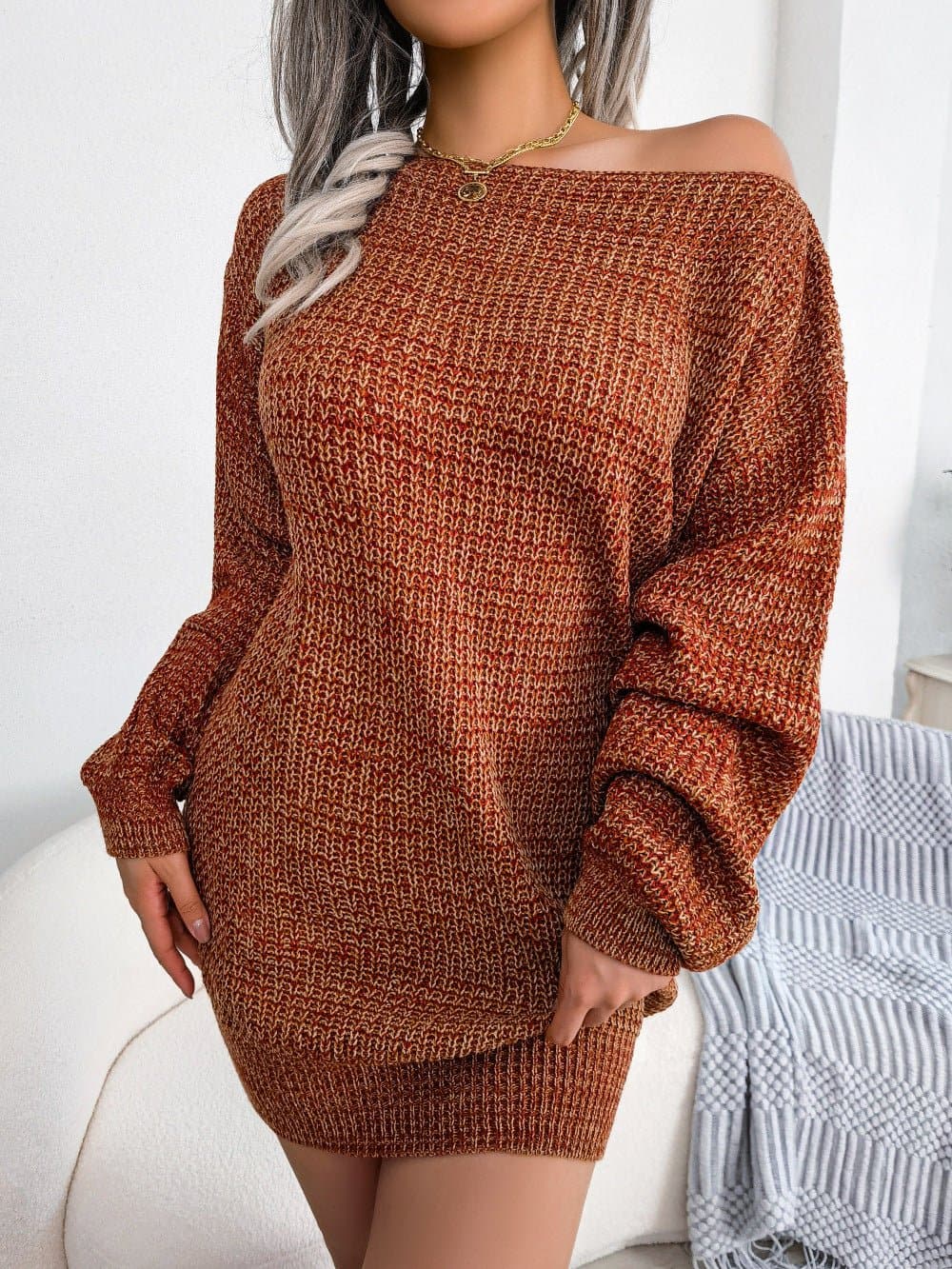 Heathered Boat Neck Lantern Sleeve Sweater Dress - Love culture store