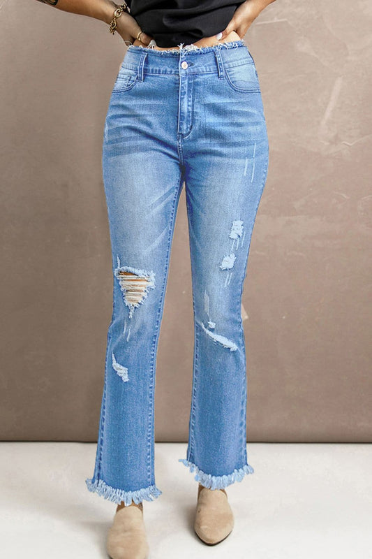 High Waist Distressed Raw Hem Jeans - Love culture store