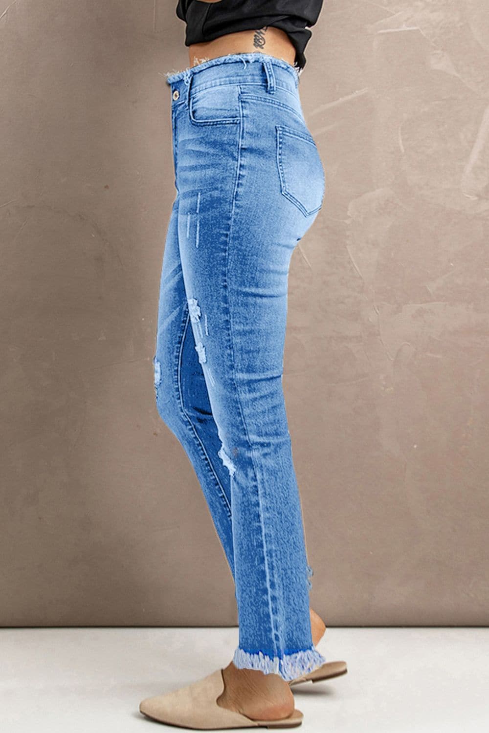 High Waist Distressed Raw Hem Jeans - Love culture store