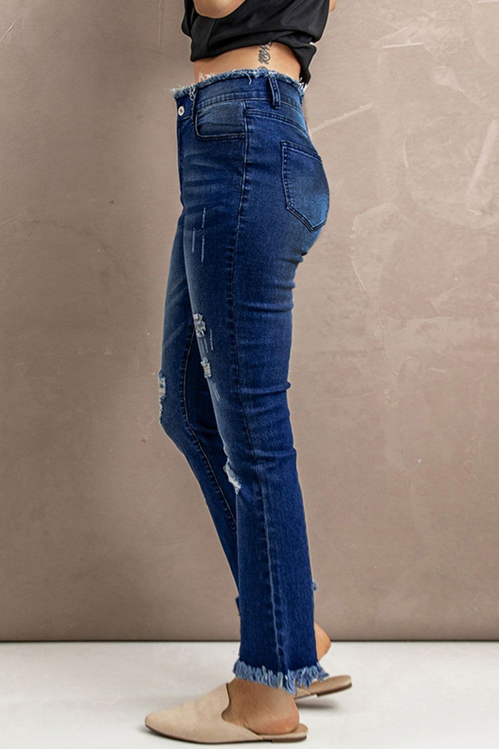 High Waist Distressed Raw Hem Jeans - Love culture store