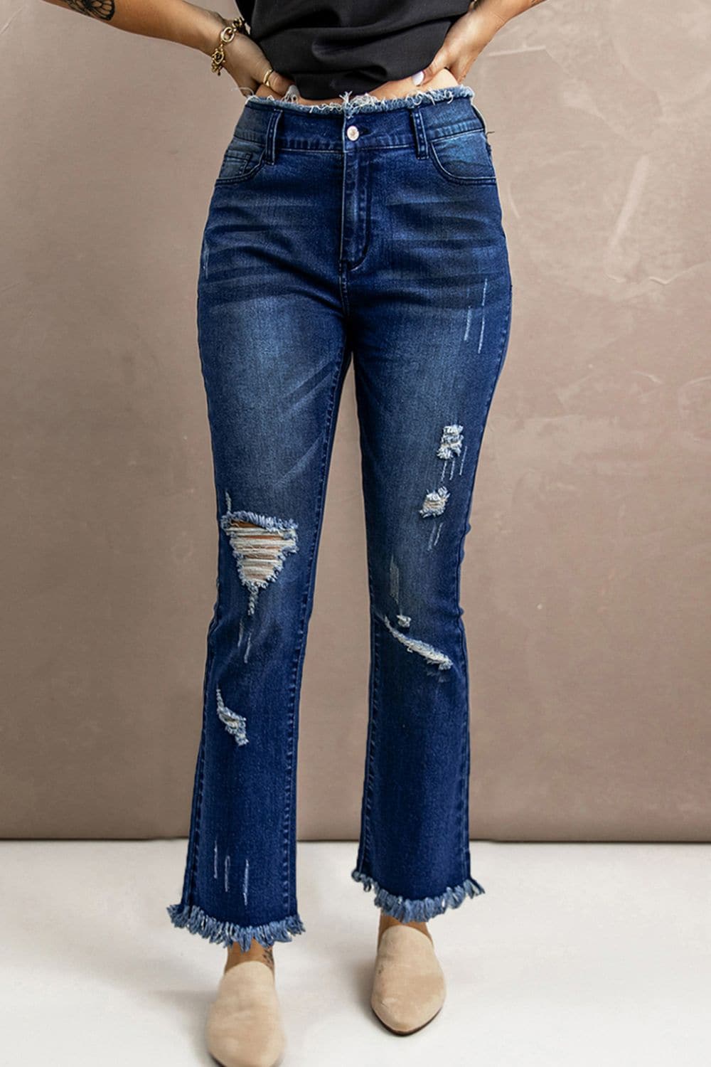 High Waist Distressed Raw Hem Jeans - Love culture store