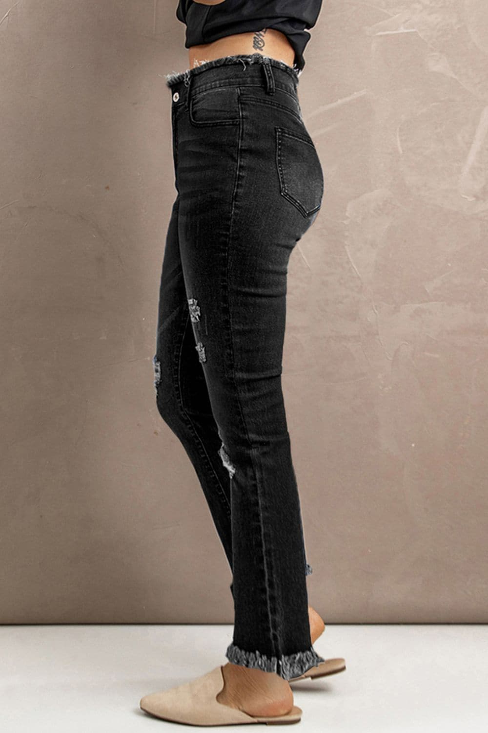 High Waist Distressed Raw Hem Jeans - Love culture store