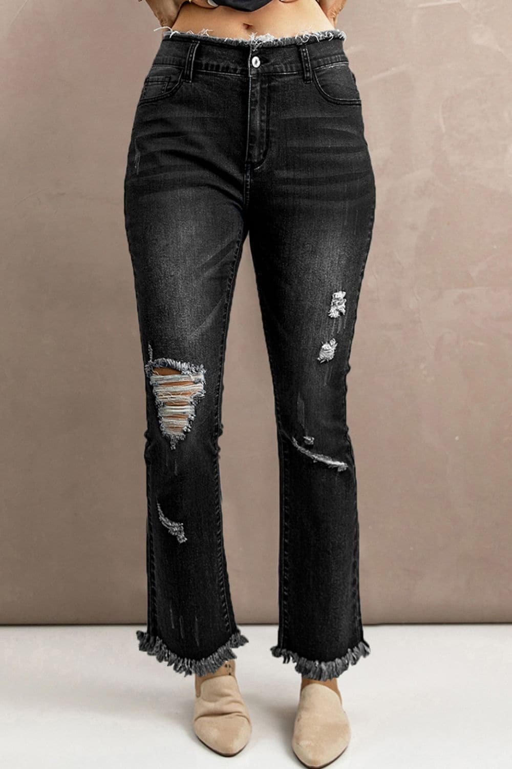 High Waist Distressed Raw Hem Jeans - Love culture store