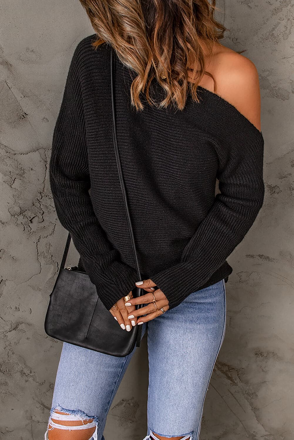 Horizontal Ribbing One-Shoulder Sweater - Love culture store