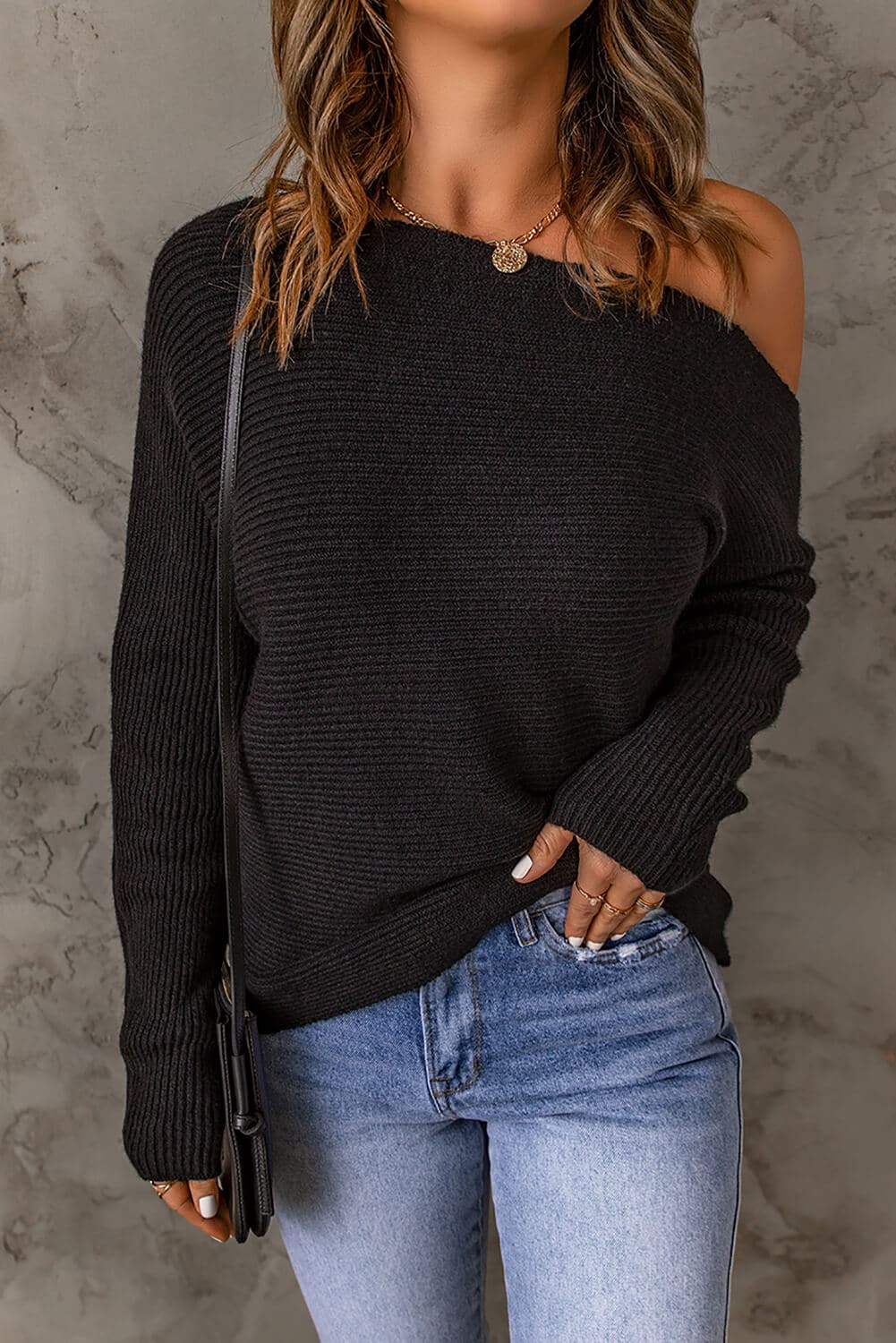 Horizontal Ribbing One-Shoulder Sweater - Love culture store