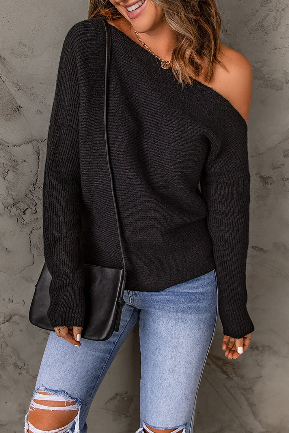 Horizontal Ribbing One-Shoulder Sweater - Love culture store