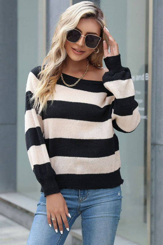 Horizontal Stripe Raglan Sleeve Sweater - Love culture store