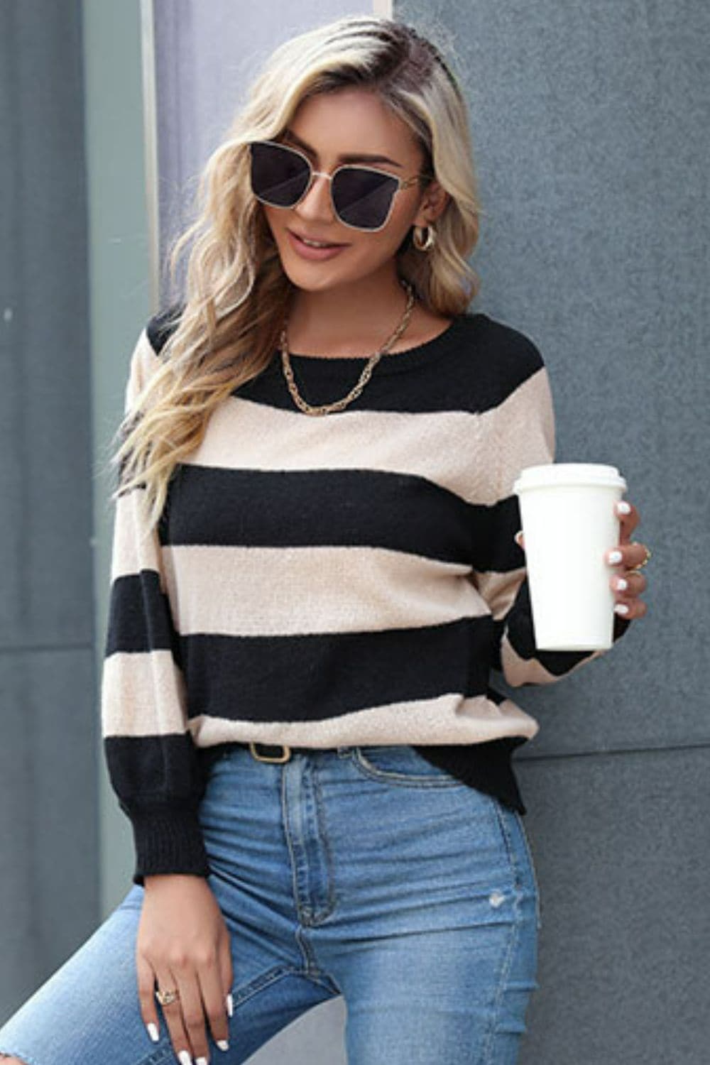 Horizontal Stripe Raglan Sleeve Sweater - Love culture store