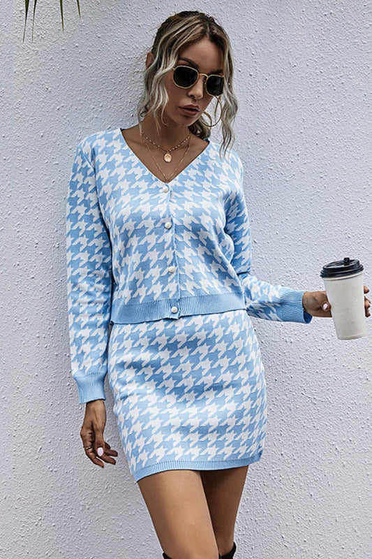 Houndstooth Button Front Sweater and Skirt Set - Love culture store
