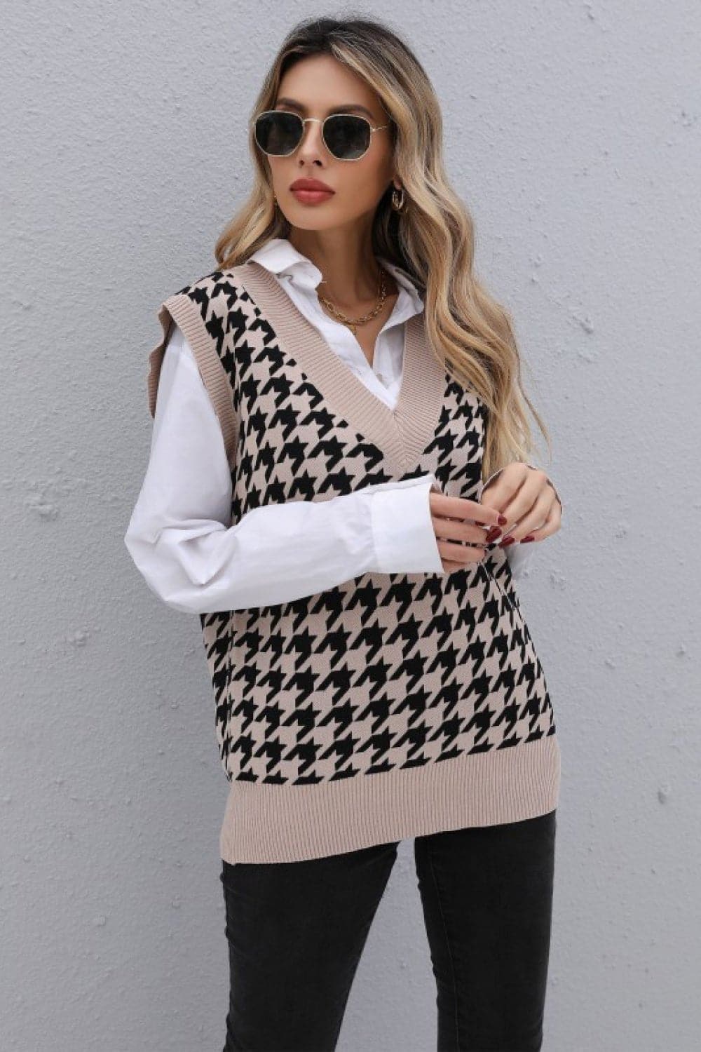 Houndstooth V-Neck Knit Vest - Love culture store