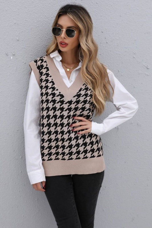 Houndstooth V-Neck Knit Vest - Love culture store