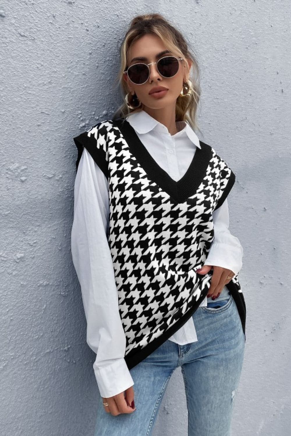 Houndstooth V-Neck Sweater Vest - Love culture store