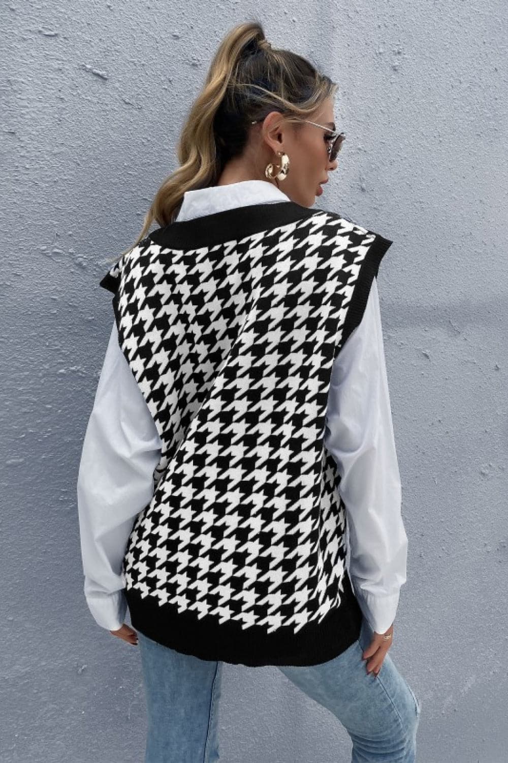 Houndstooth V-Neck Sweater Vest - Love culture store