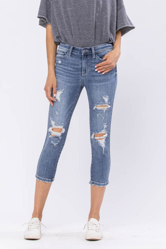 Judy Blue Wren Full Size Distressed Mid-Rise Denim Capri - Love culture store