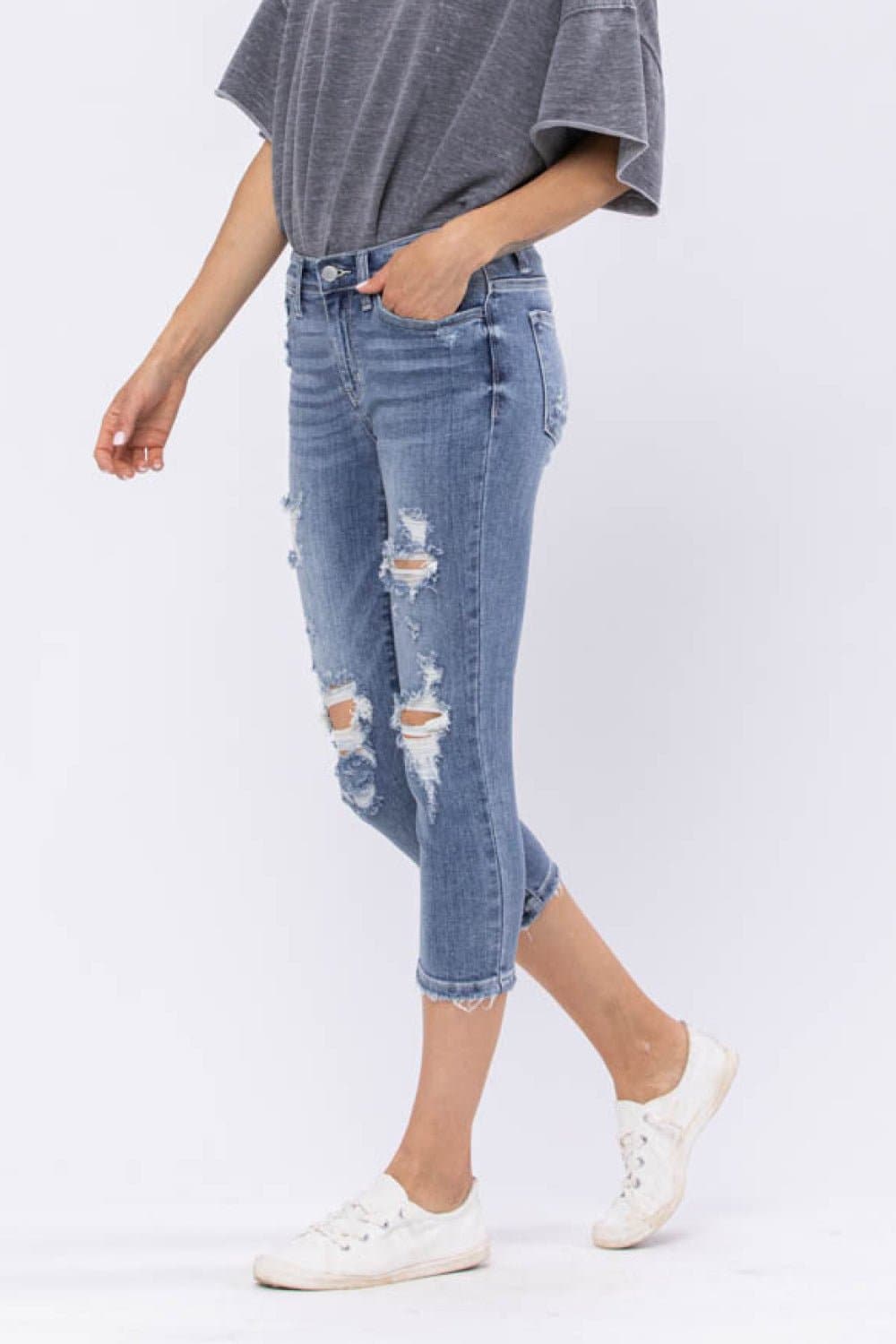 Judy Blue Wren Full Size Distressed Mid-Rise Denim Capri - Love culture store