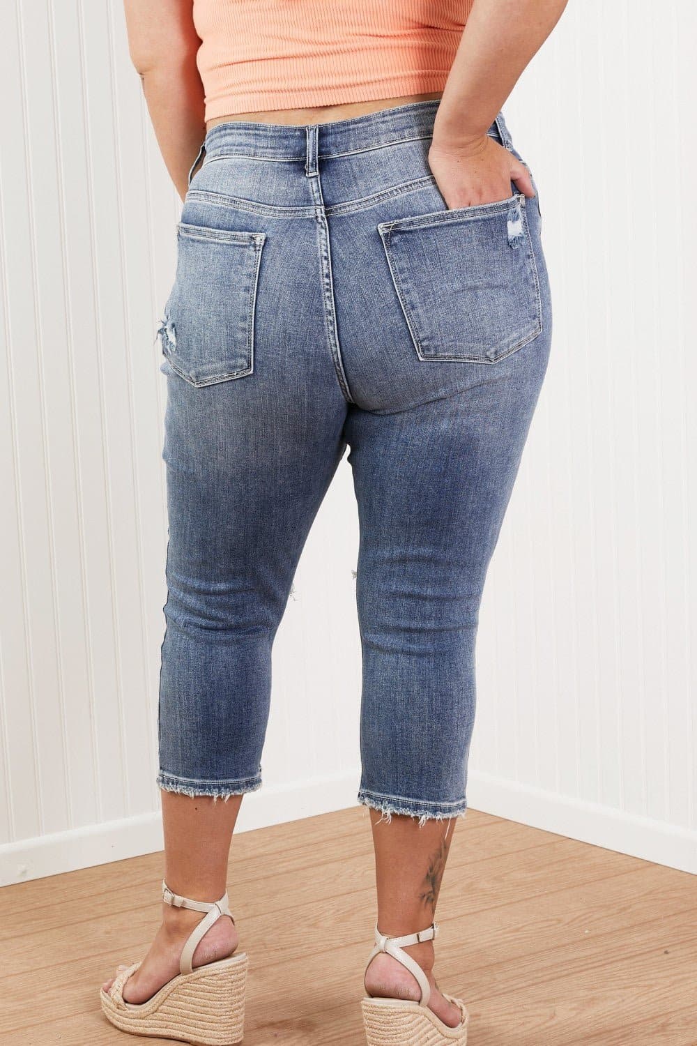 Judy Blue Wren Full Size Distressed Mid-Rise Denim Capri - Love culture store