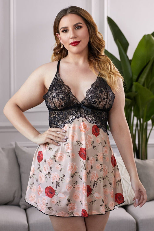 Lace Bra Splicing Floral Babydoll - Love culture store
