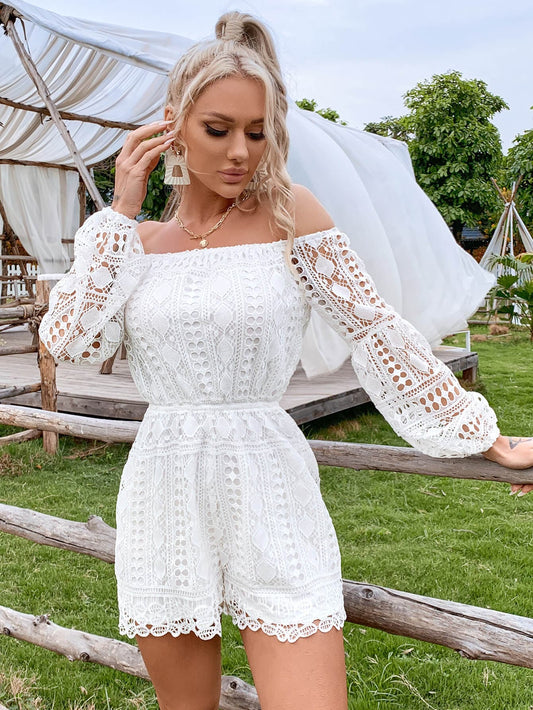 Lace Off-Shoulder Balloon Sleeve Romper - Love culture store