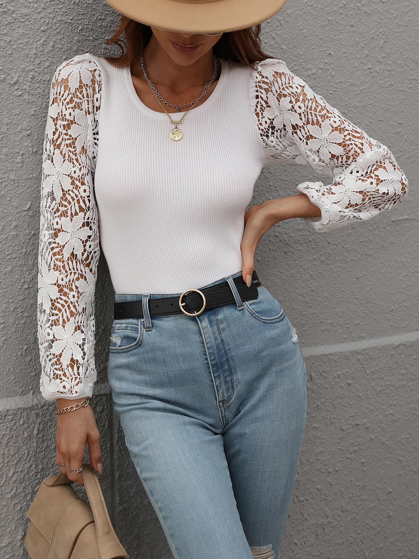 Lace Sleeve Round Neck Ribbed Top - Love culture store