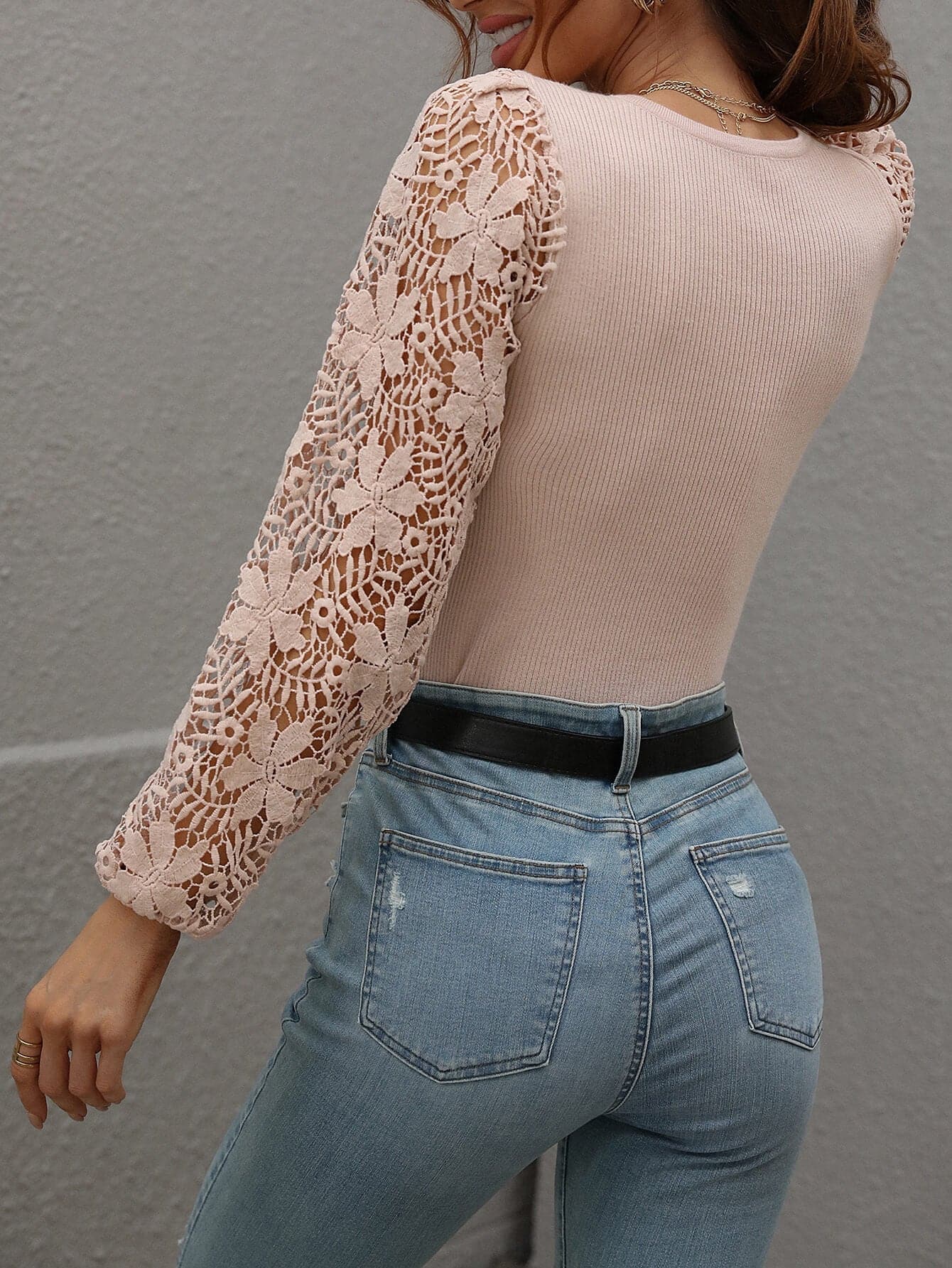 Lace Sleeve Round Neck Ribbed Top - Love culture store