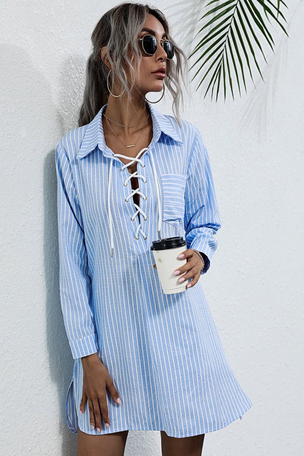 Lace Up Collar Shirt Dress - Love culture store