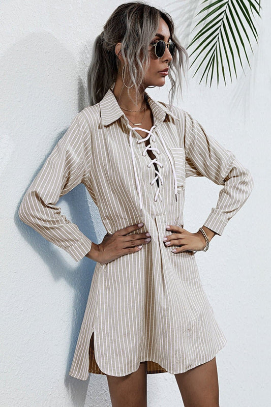 Lace Up Collar Shirt Dress - Love culture store