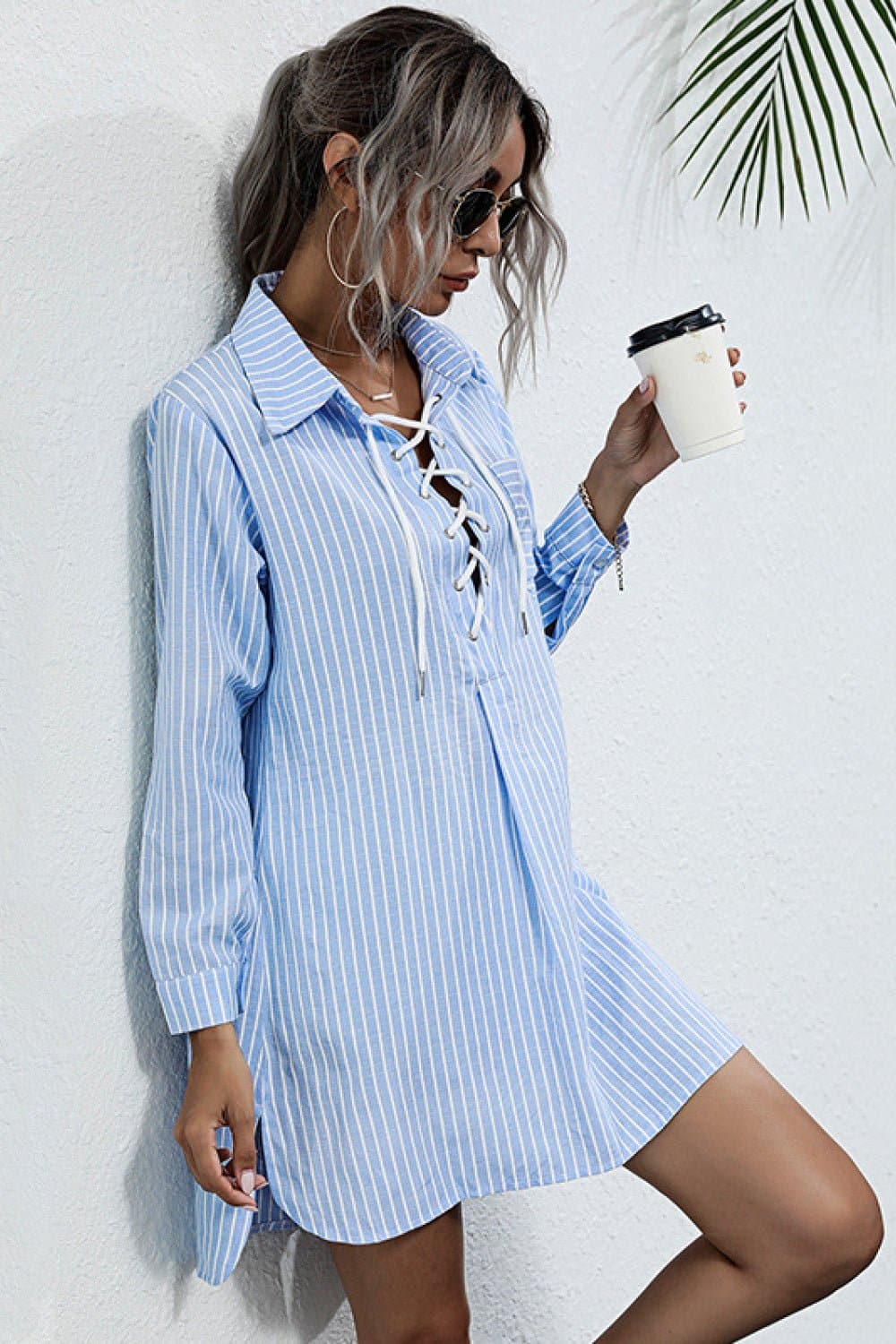 Lace Up Collar Shirt Dress - Love culture store